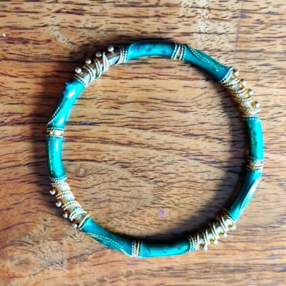 Turquoise and Emerald Enamel With Gold Bangle Bracelet - Picture 2 of 3
